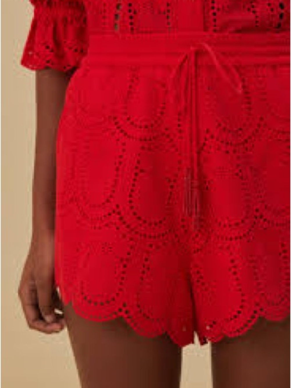 FARM Rio Red Eyelet Scalloped High-Waist Shorts